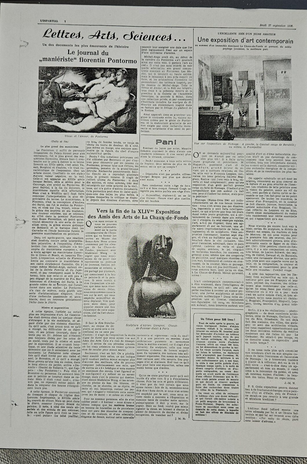 Article de presse sur les débuts de la Galerie Numaga, 1956